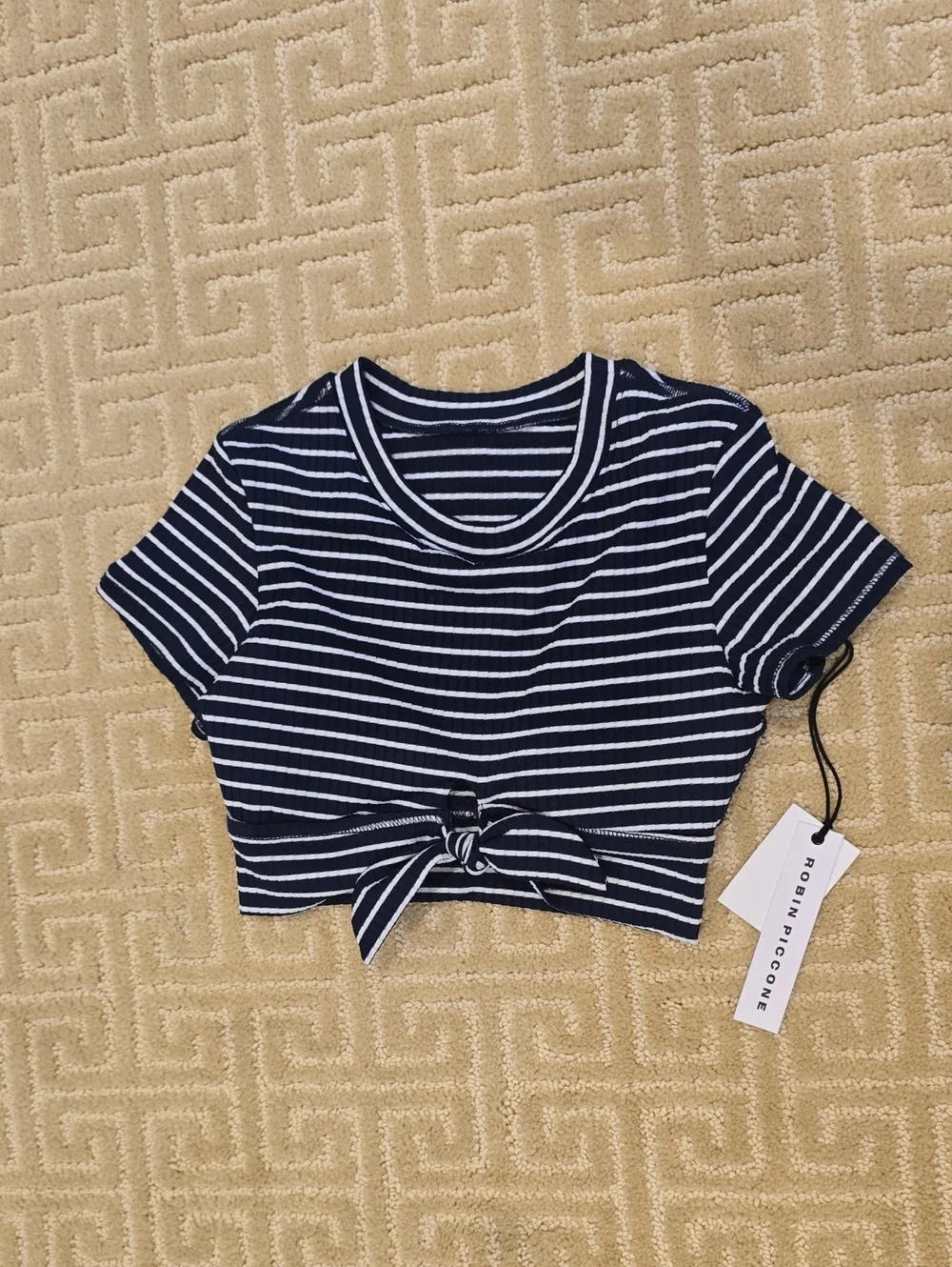 NWT Robin Piccone Navy & White Striped Tie-Front Crop Swim Top, Size S